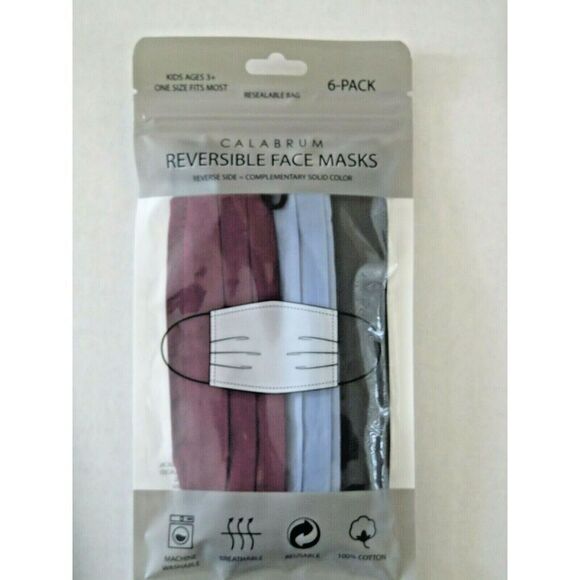 Calabrum Face Masks Reusable 6 Pack Kids 3+Reversible Cotton Blue Burgundy Black - Picture 1 of 3